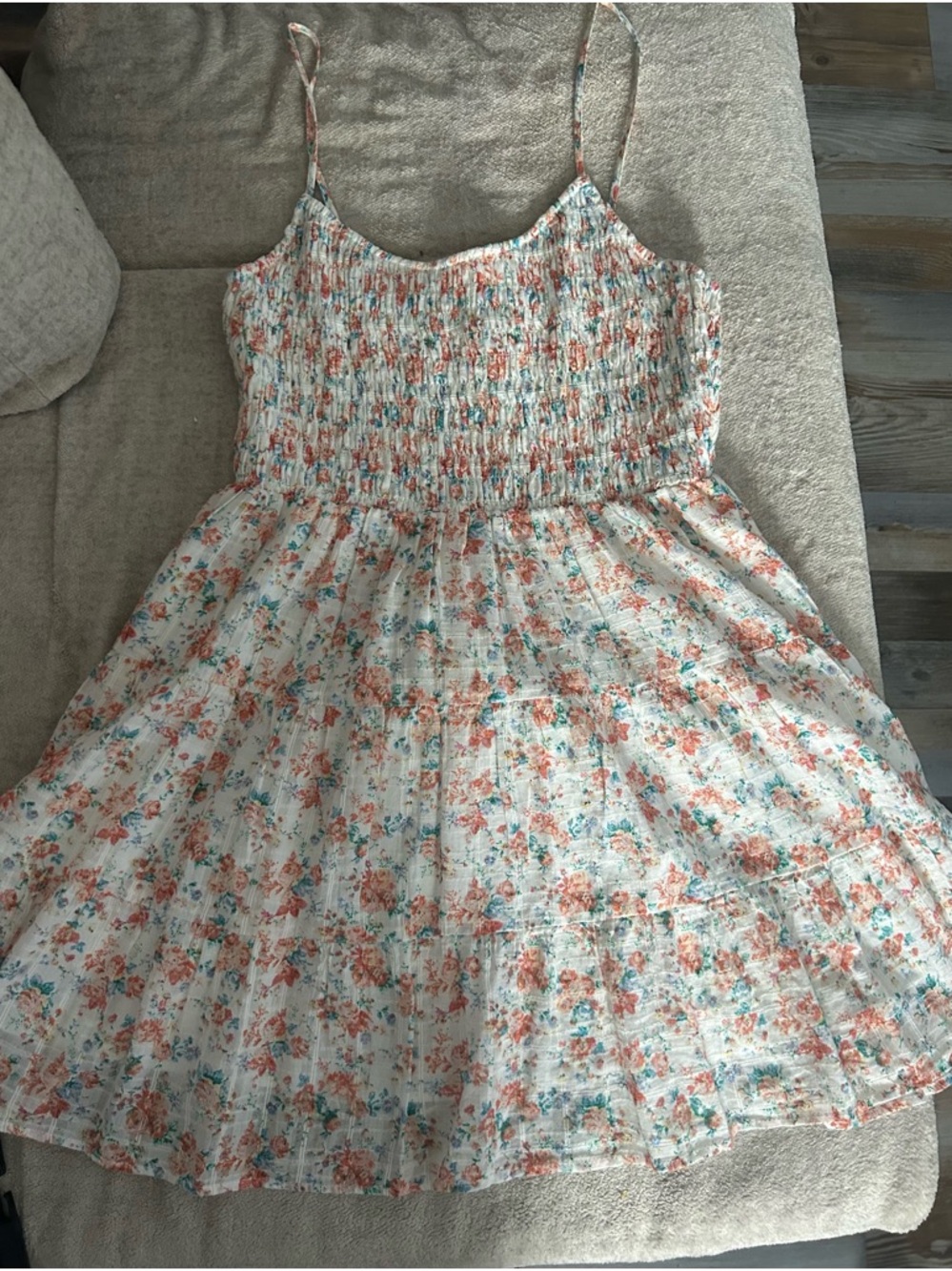 aerie White Floral Smocked Mini Dress with Coral and Teal Accents